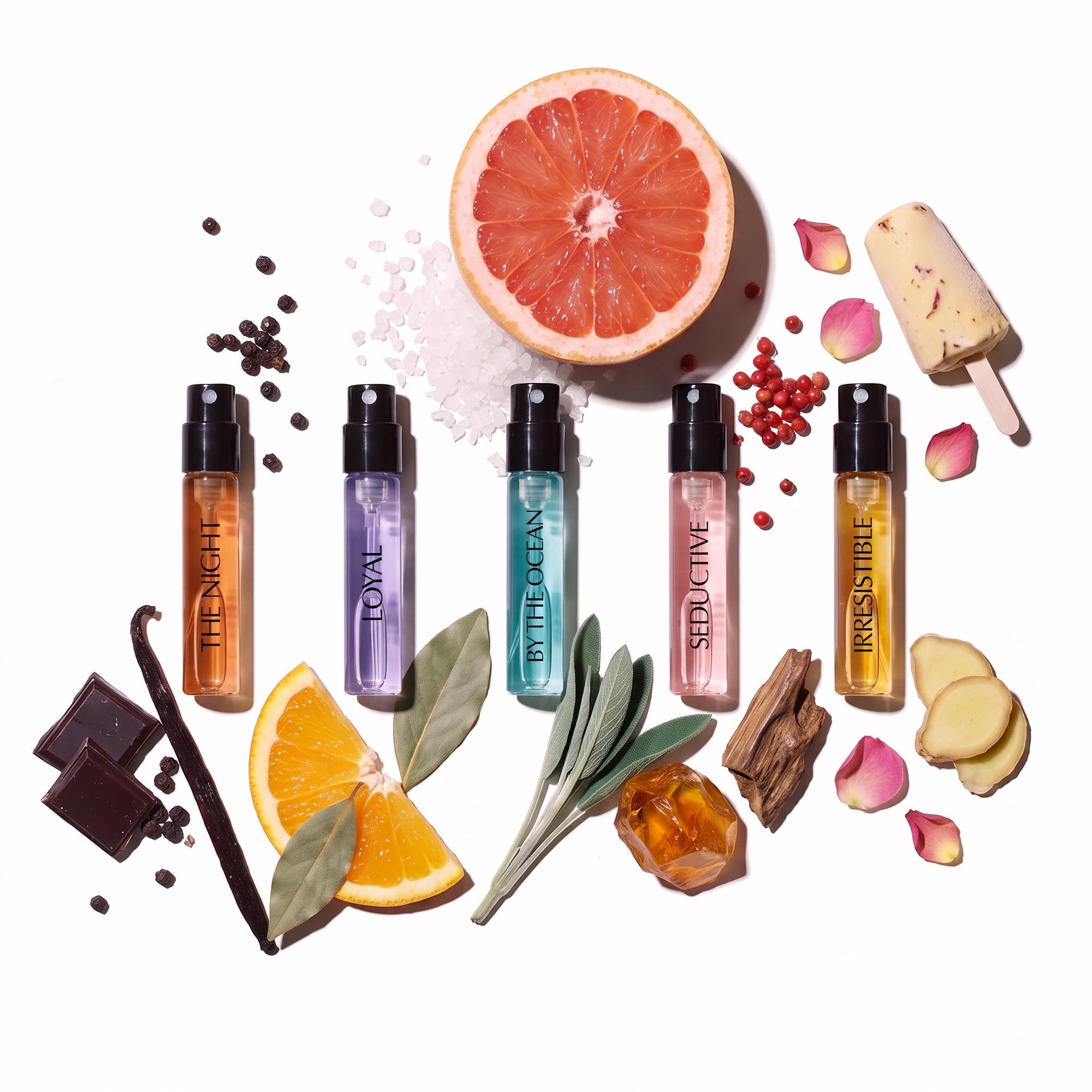 The five STAY Discovery Set scents with their fragrance notes.
