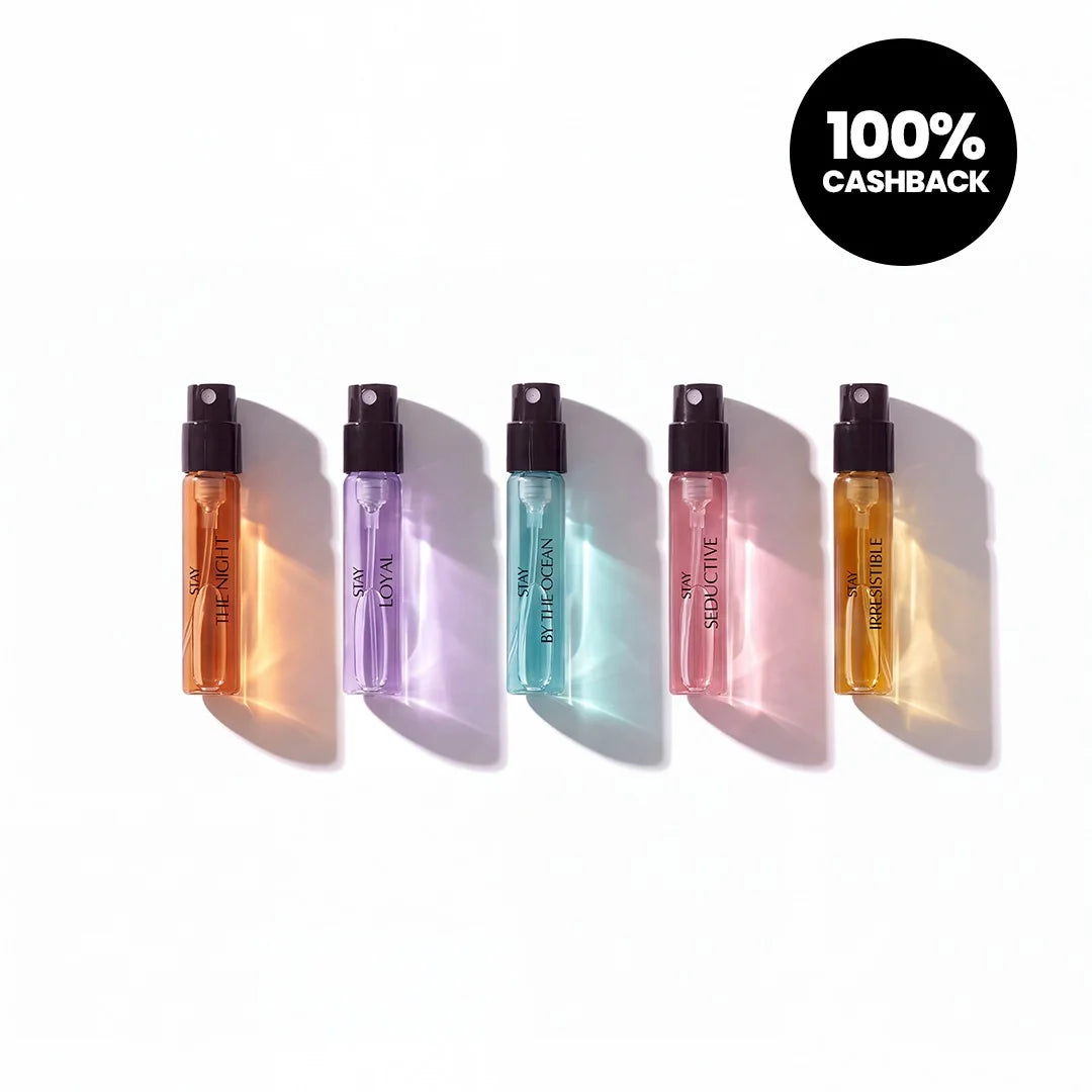 The five STAY Discovery Set scents, with a guaranteed 100% cashback badge